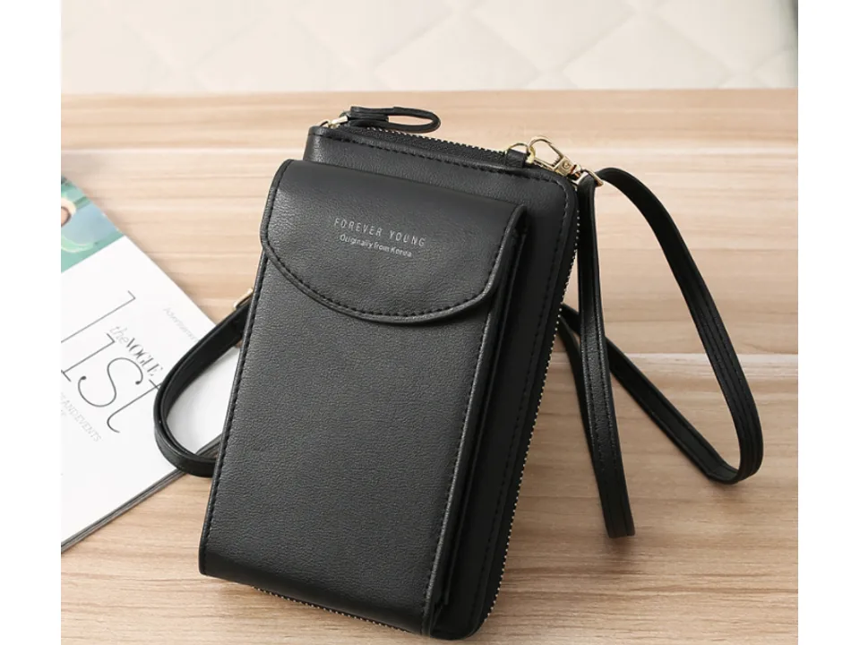 Black crossbody mobile phone bag with zipper