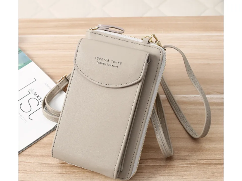 Beige crossbody mobile phone bag with zipper