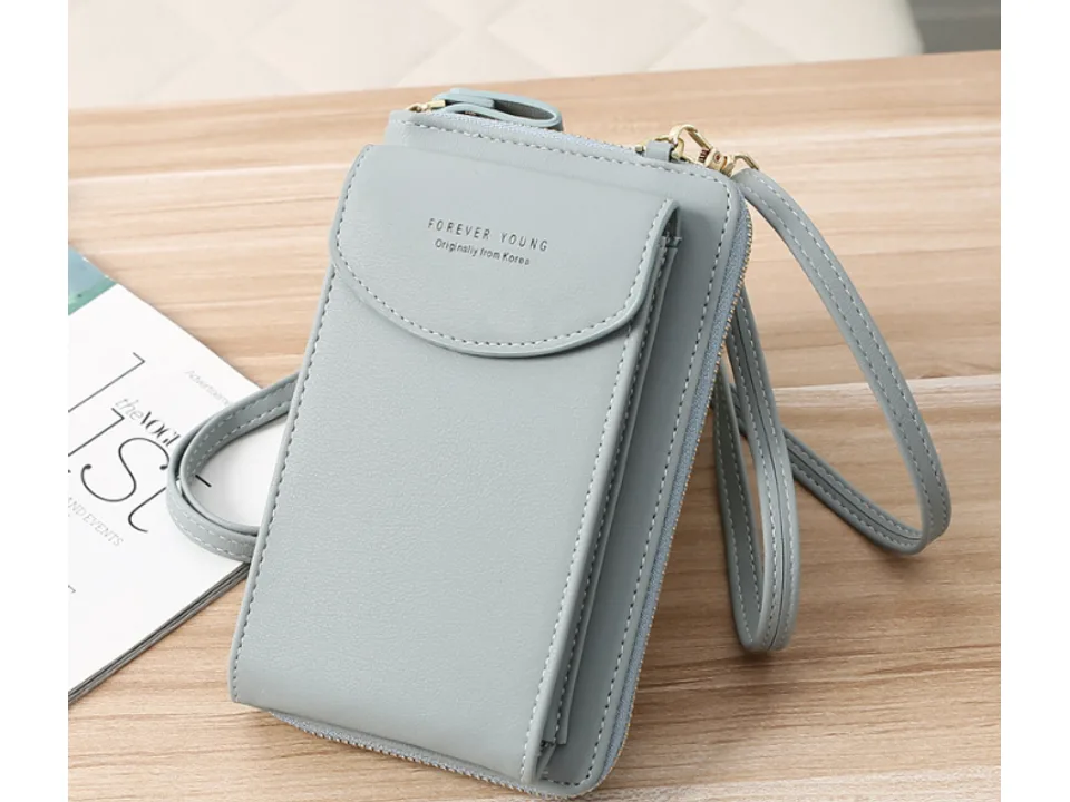 Light blue crossbody mobile phone bag with zipper
