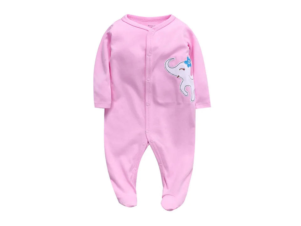 Pink baby footed jumpsuit with an elephant graphic.