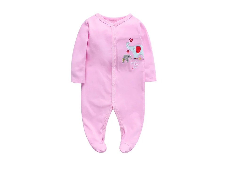 Pink baby footed jumpsuit with an elephant and text graphic.