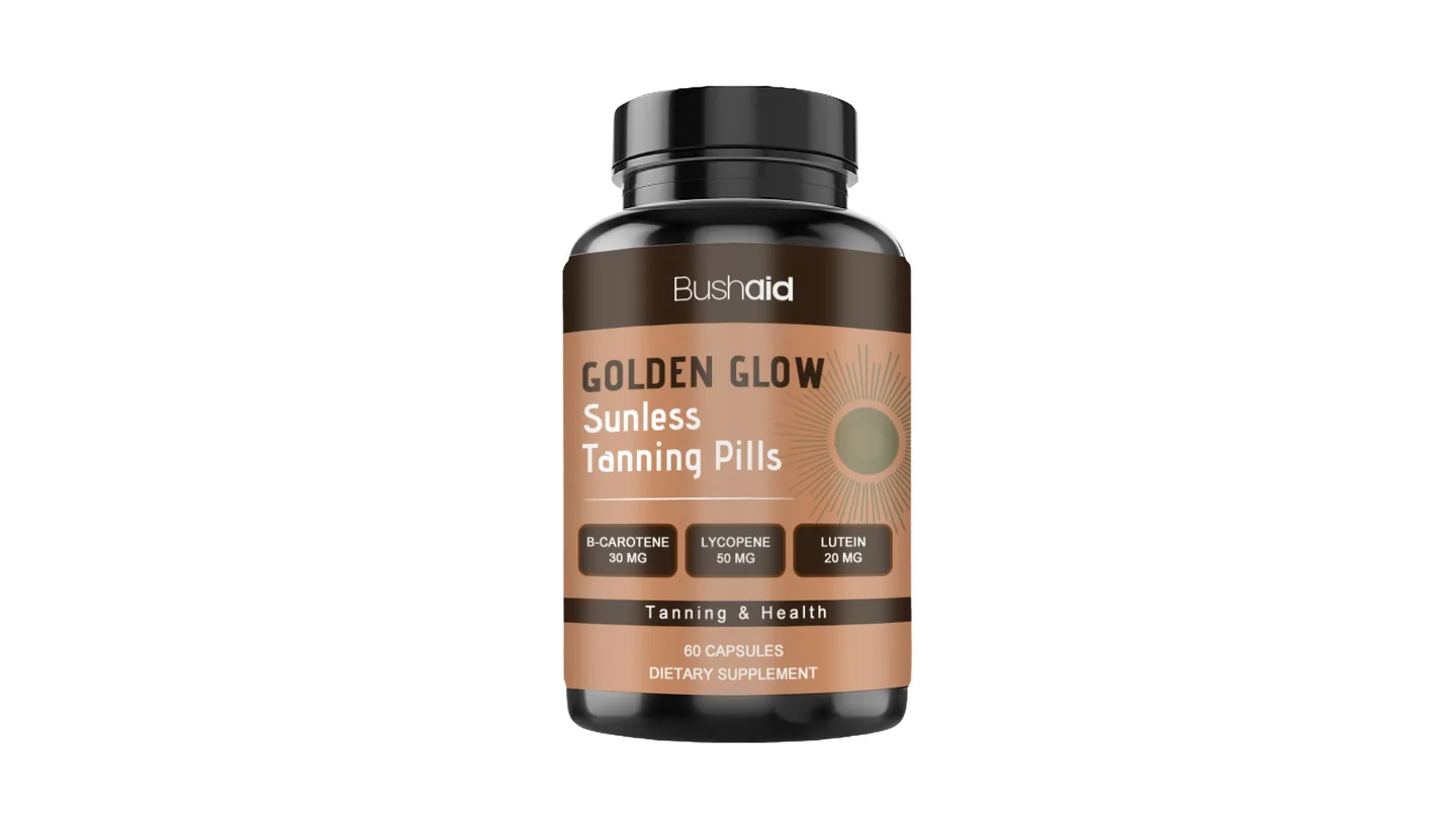 BushAid Golden Glow Sunless Tanning Pills bottle with 60 capsules