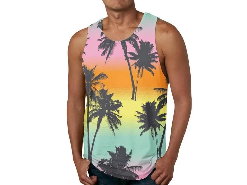 A man wearing a sleeveless tank top with a colorful sunset and palm tree graphic print.