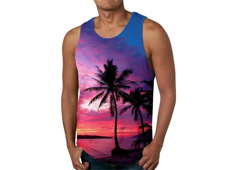 A man wearing a sleeveless tank top with a purple and pink sunset and palm tree graphic print.
