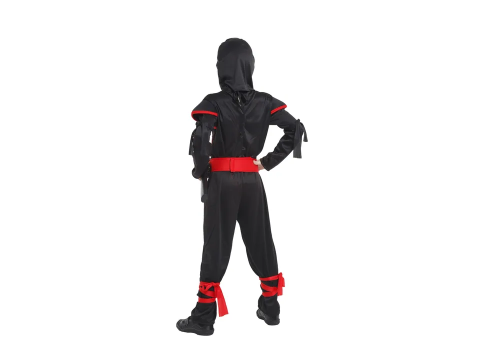A child in a ninja costume seen from the back, showing the hood and belt detail.