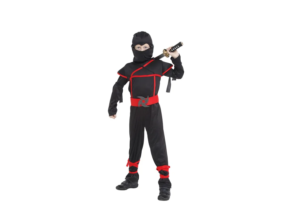 A child in a ninja costume holding a toy sword over their shoulder.