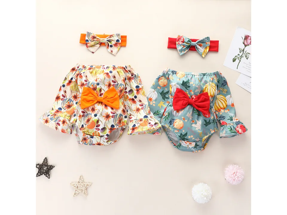 Two baby girl rompers with headbands in pumpkin and floral prints