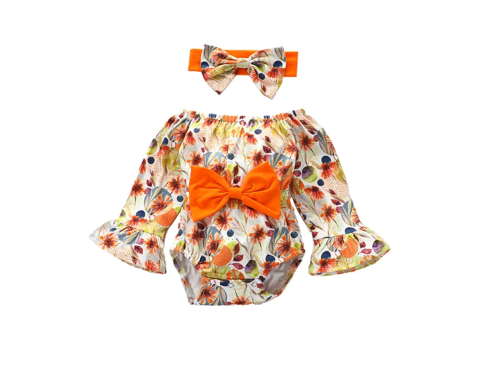 Baby girl floral print long sleeve romper with matching headband