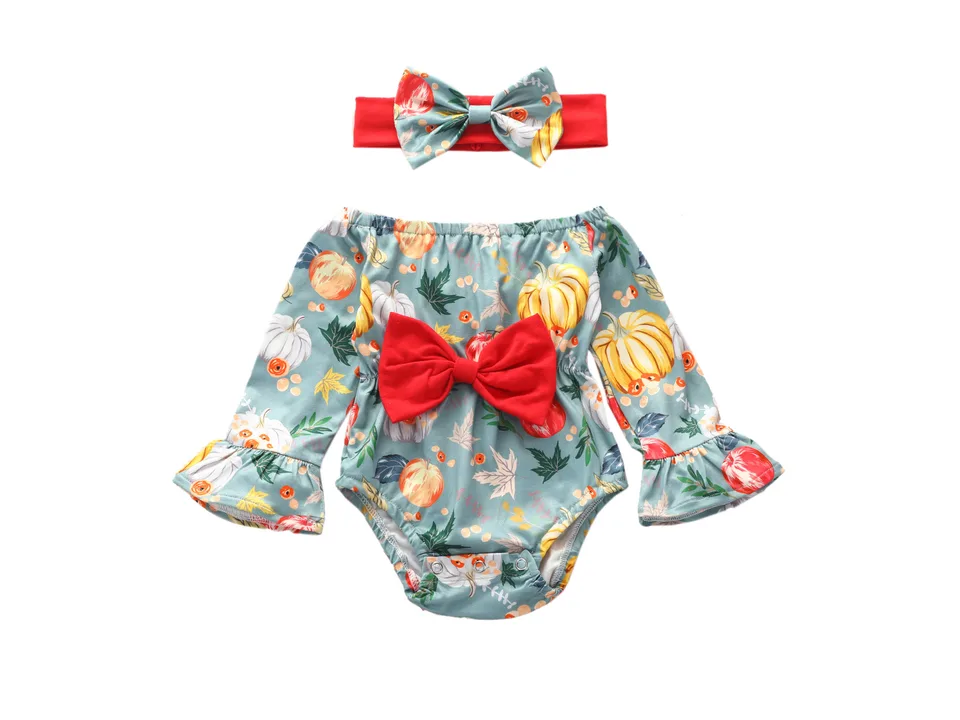 Baby girl pumpkin print long sleeve romper with matching headband