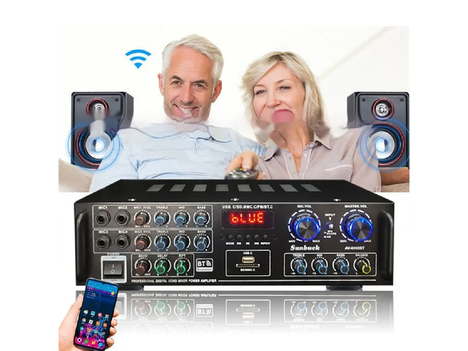Digital echo mixer power amplifier being used with a smartphone for wireless audio.