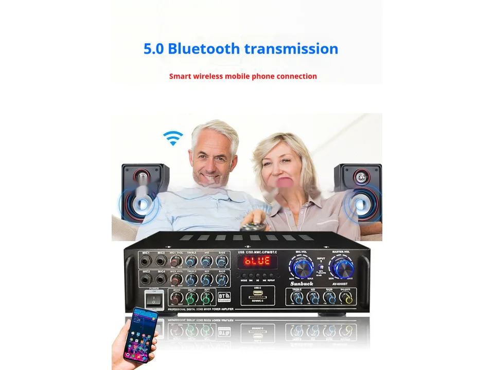A couple using the digital echo mixer power amplifier with a smartphone for wireless audio.