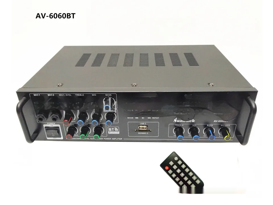 Front view of the digital echo mixer power amplifier with its remote control.