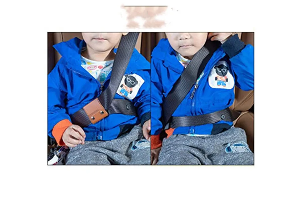 A child using the car seat belt adjuster in a vehicle.