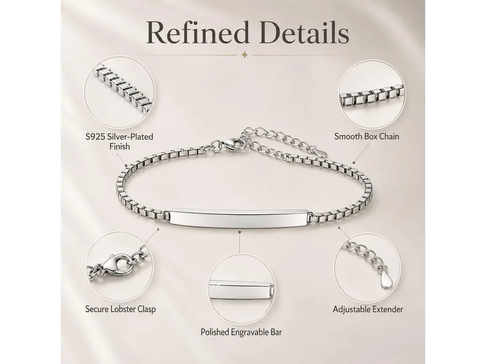 Detailed view of the bracelet showing the lobster clasp, box chain, and polished bar.