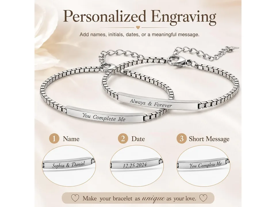 Two silver bracelets with personalized engravings showing names, dates, and messages.