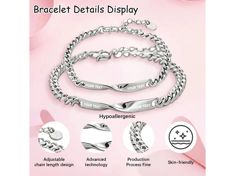 Close-up views of the bracelet chain, clasp, and polished bar.