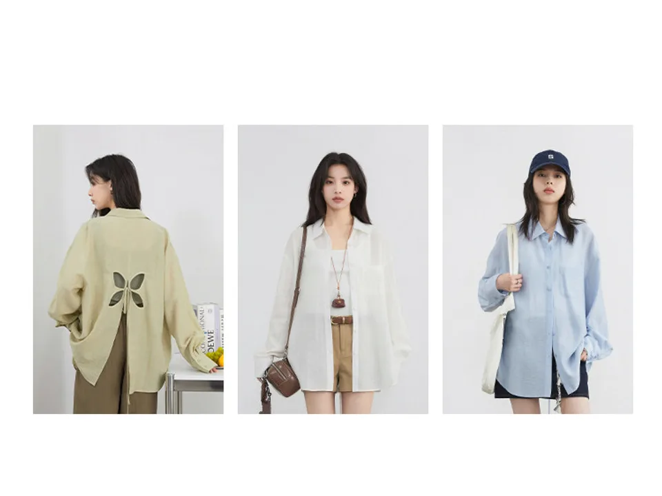Three models wearing the loose-fit button-down shirt in different colors.