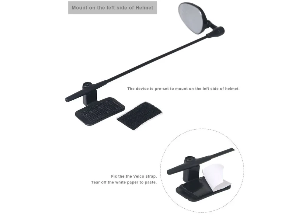 Bicycle helmet mirror with adhesive mounting strap and instructions.