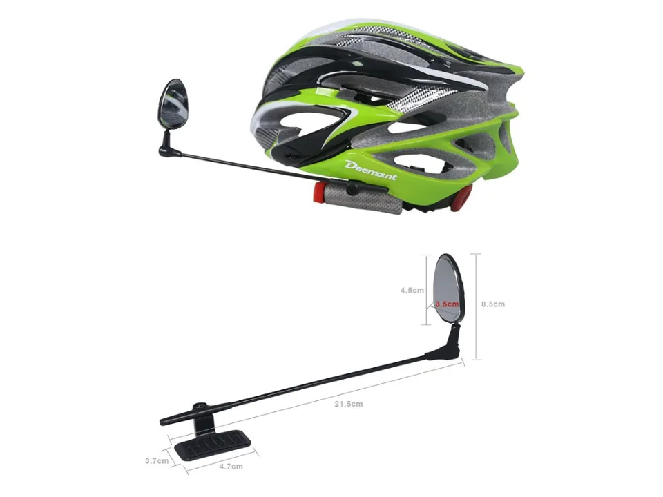 Bicycle helmet mirror attached to a green helmet with dimension labels.