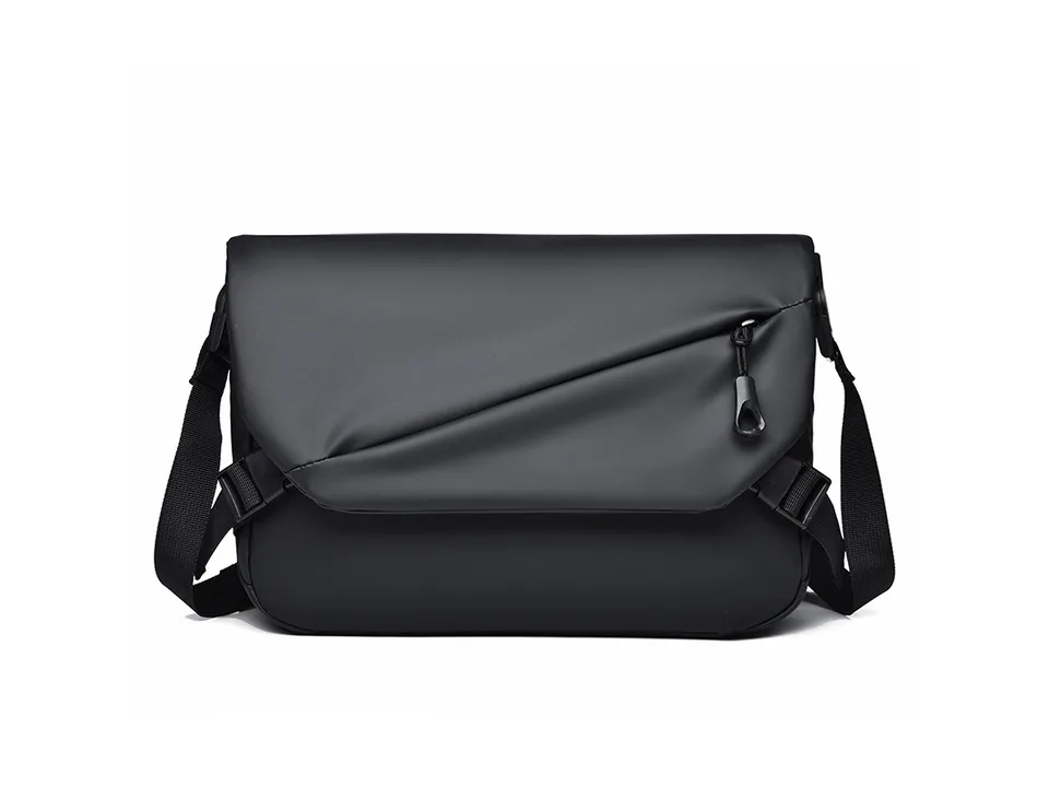 Black minimalist crossbody messenger bag on a white background.