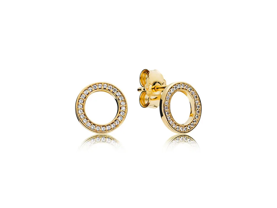 Gold circle halo stud earrings with cubic zirconia
