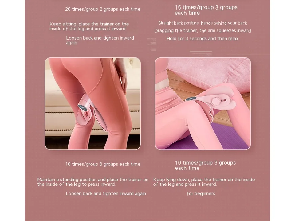 A person using the pelvic floor muscle trainer in different exercise positions.