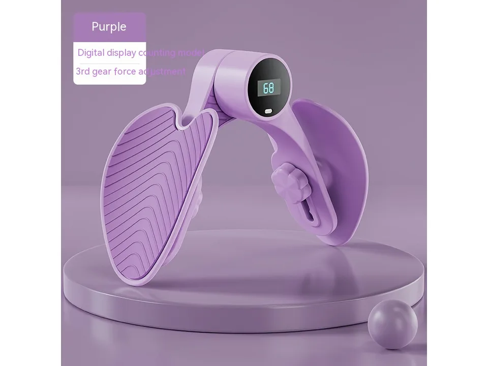Purple pelvic floor muscle trainer with a digital display.