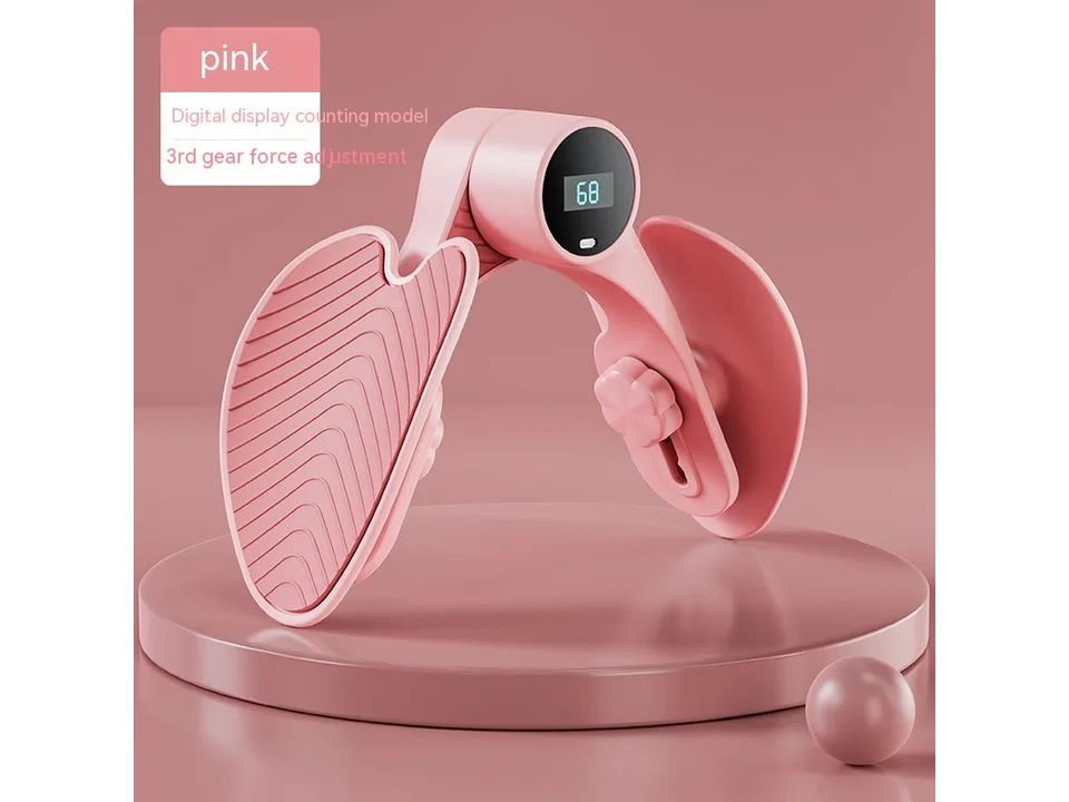 Pink pelvic floor muscle trainer with a digital display.