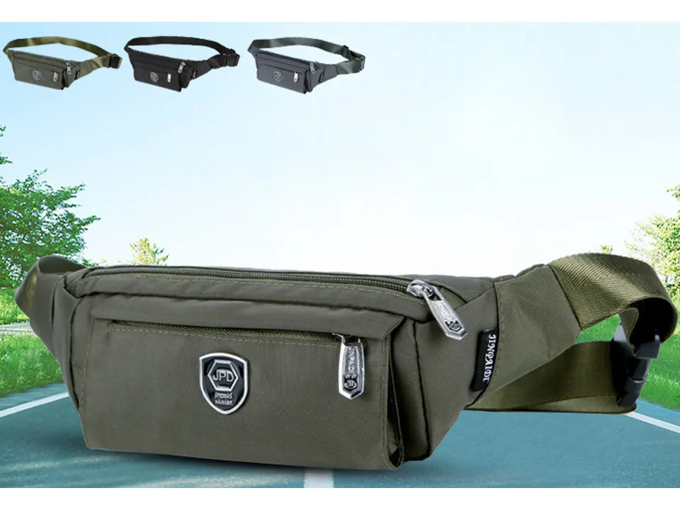 Three waist bags in green, black, and grey colors displayed together.