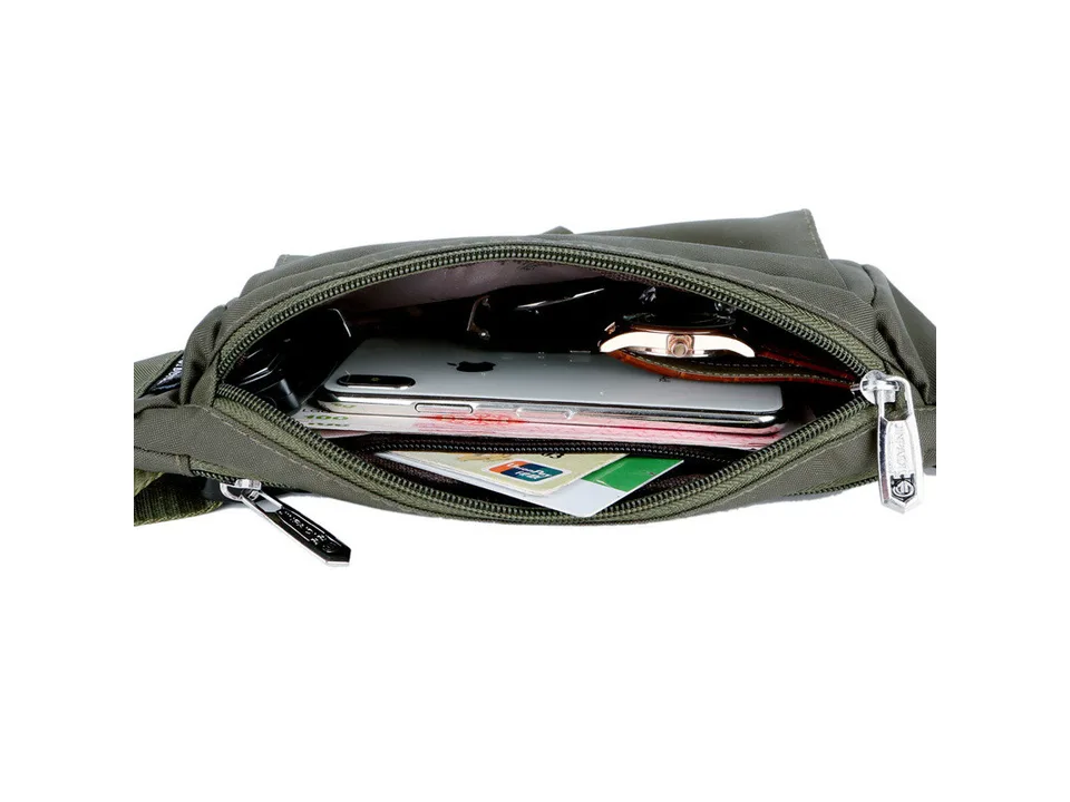 Open waist bag showing a smartphone, wallet, and other personal items inside.