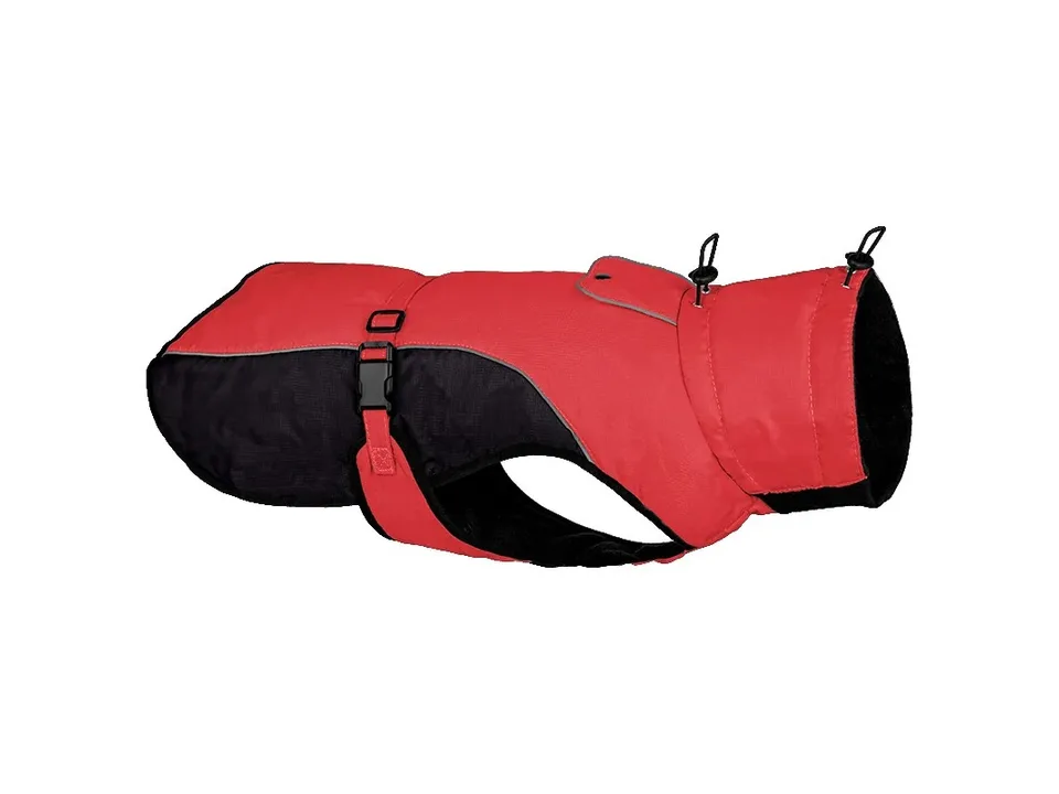 Red dog coat with black trim and adjustable straps.
