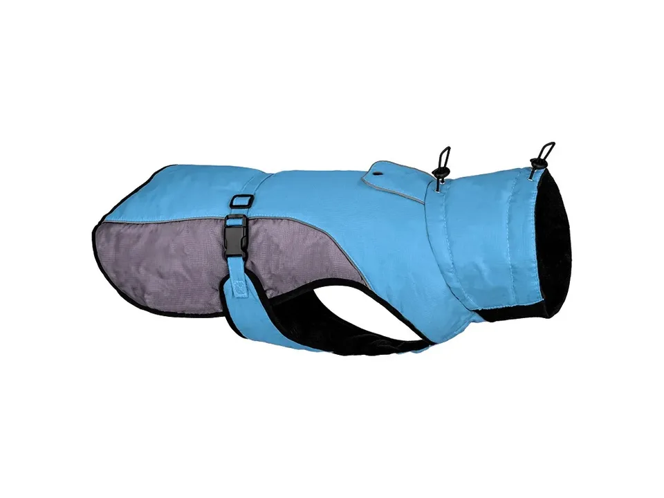 Blue dog coat with grey and black trim.