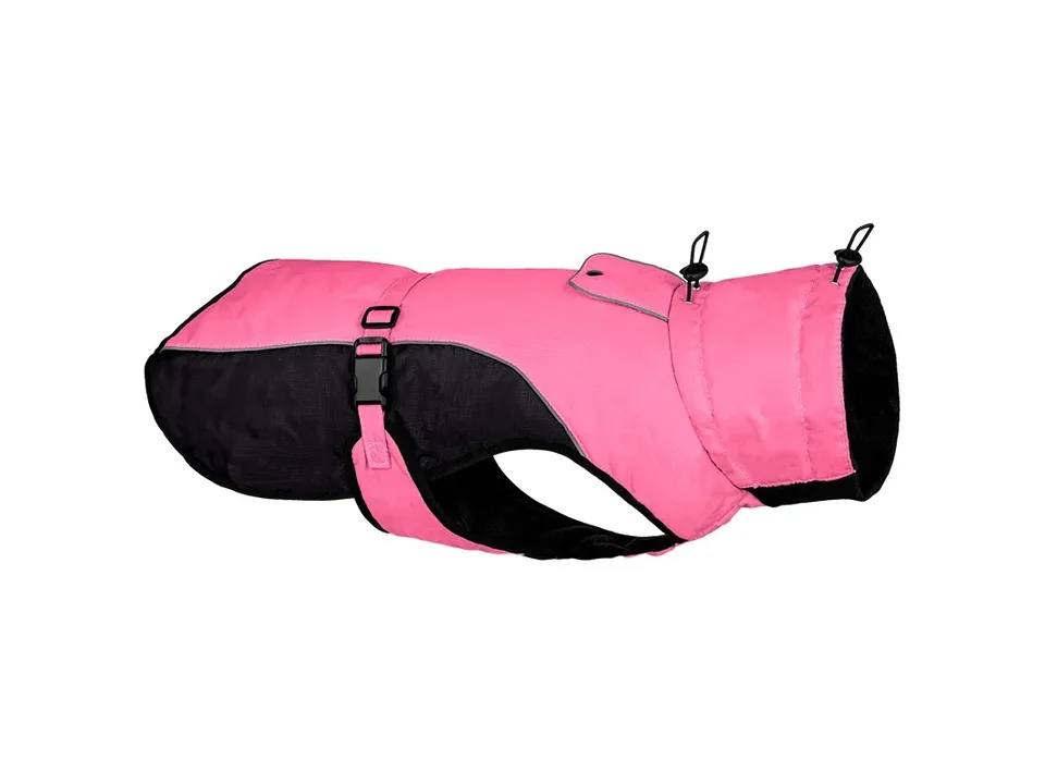 Pink dog coat with black trim and adjustable straps.
