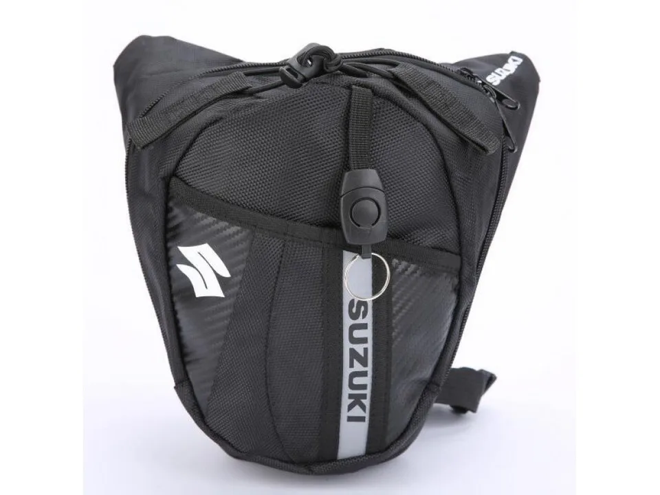 Black motorcycle leg bag with Suzuki branding.
