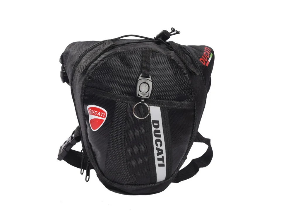 Black motorcycle leg bag with Ducati branding.
