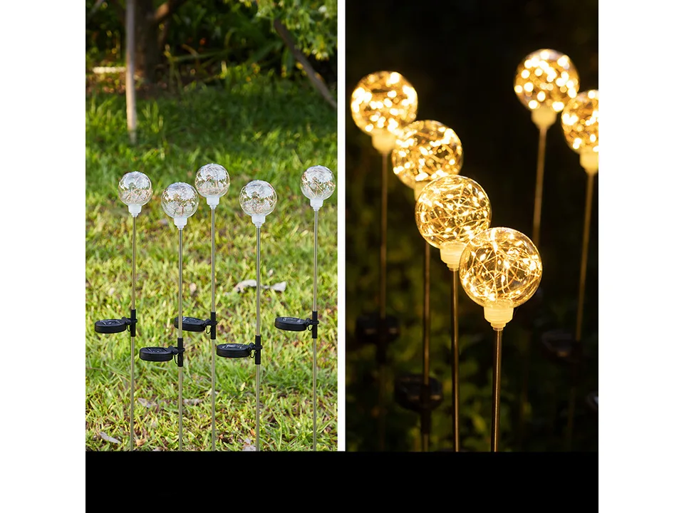 Solar LED ball lights shown in a garden during the day and illuminated at night.