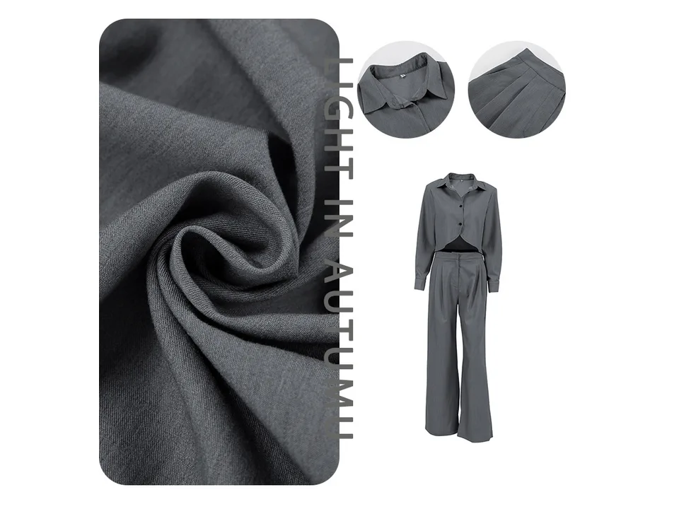Close-up of grey fabric texture next to a full view of the crop shirt and wide leg trousers set.