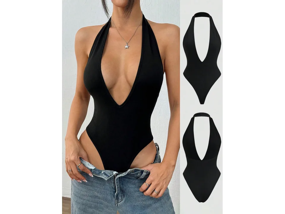 A woman wearing a black halter bodysuit next to two flat images of the product.