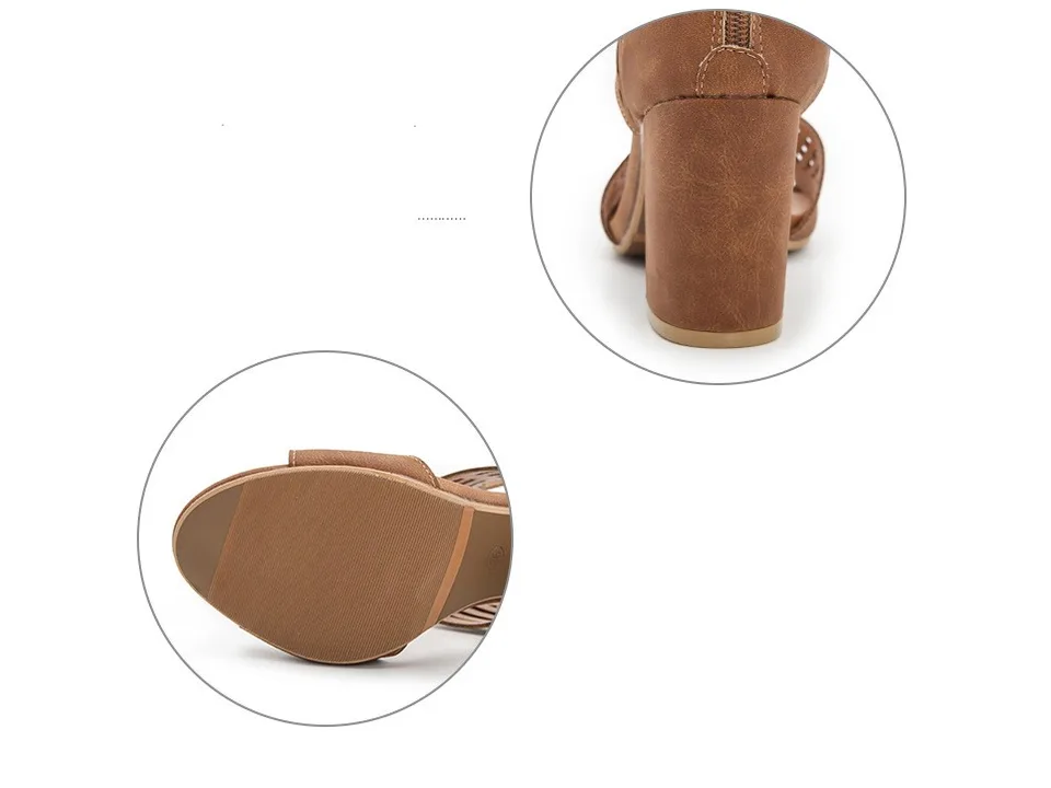 Close-up views of the sandal's thick heel and textured rubber outsole.