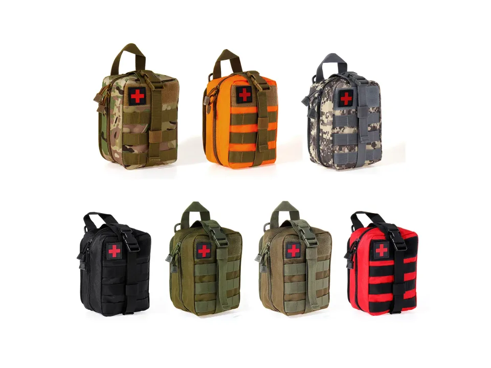 A collection of tactical first aid pouches in various colors and camouflage patterns.