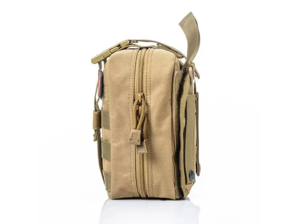 Side view of a tan tactical first aid pouch showing the zipper and attachment strap.