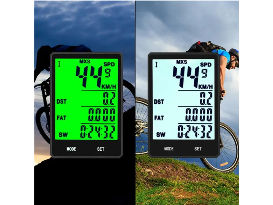 Bicycle computer display showing speed and data, with a cyclist in the background.