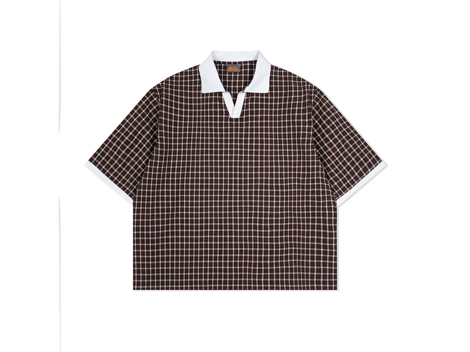 Brown plaid short-sleeve polo shirt with a white collar, flat view.