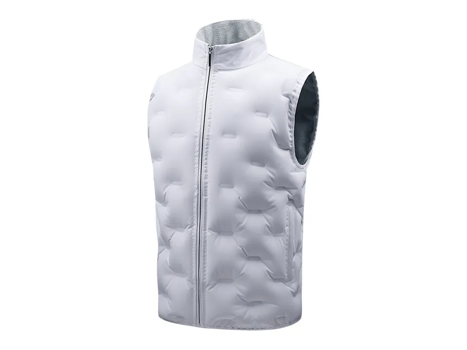 White sleeveless vest with stand collar and zippered front.