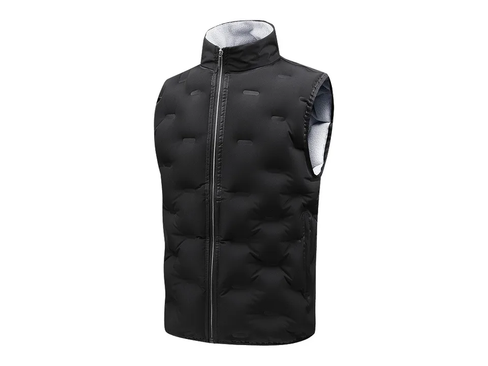 Black sleeveless vest with stand collar and zippered front.