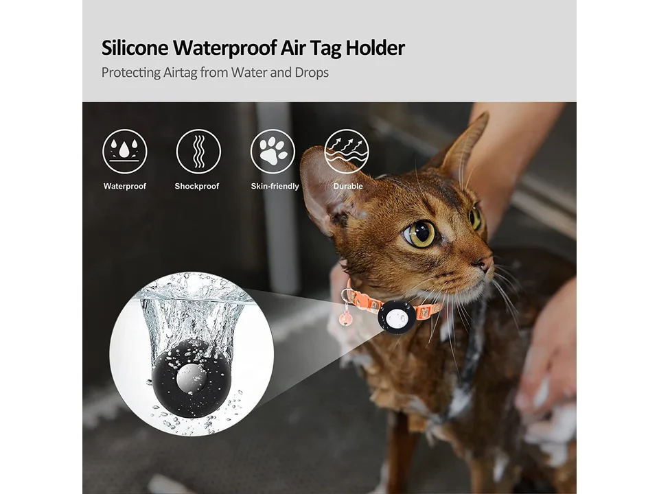 A cat wearing the collar while being washed, highlighting the waterproof silicone holder.