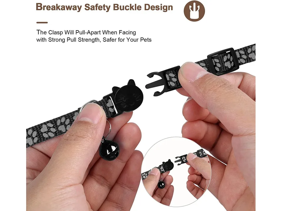Hands demonstrating how the breakaway safety buckle on the cat collar pulls apart.