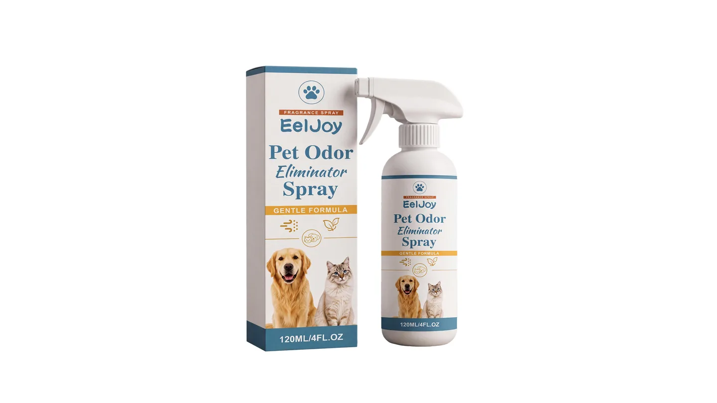 EelJoy Pet Odor Eliminator Spray bottle next to its product box.