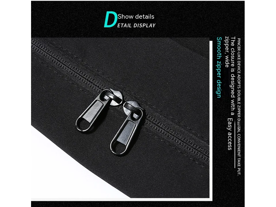 Close-up of the double zipper closure on the bag.