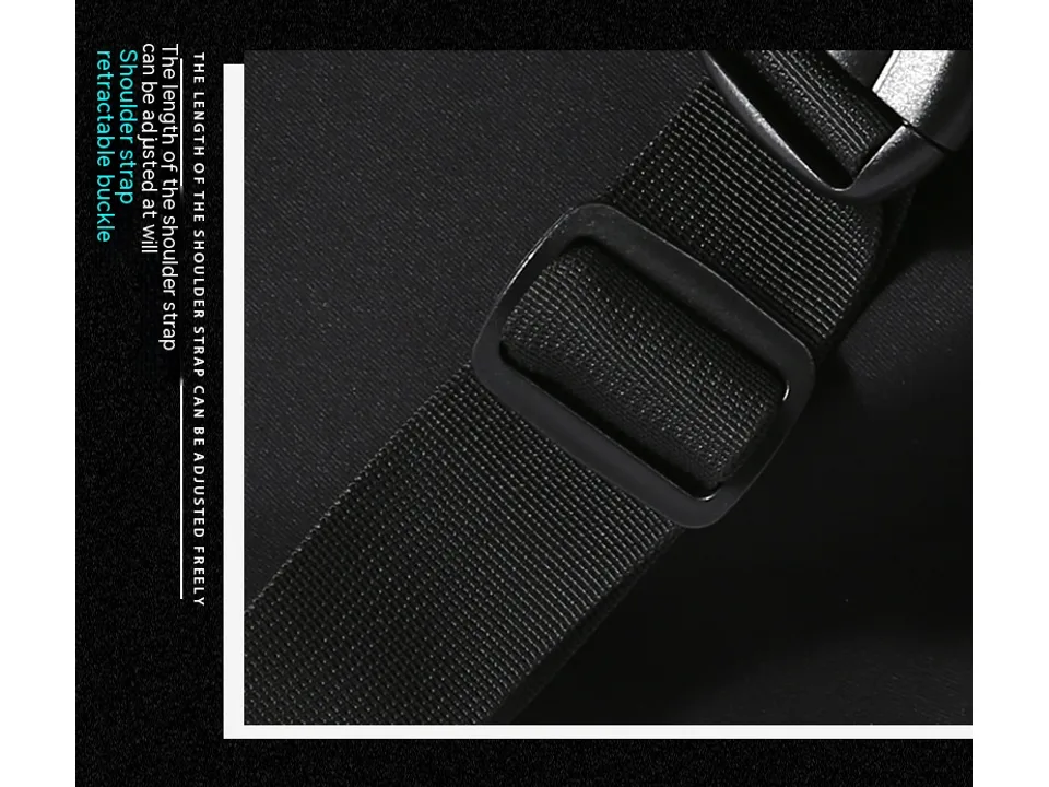 Close-up of the adjustable shoulder strap buckle on the bag.